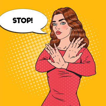 Pop Art Confident Woman Showing Stop Hand Sign. Vector illustration