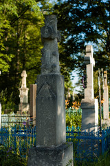 Old monuments and crosses on the classical European Catholic cemetery.