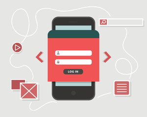 UX design concept. Smartphone with login form, play icon and search placeholder isolated on the grey background, vector illustration