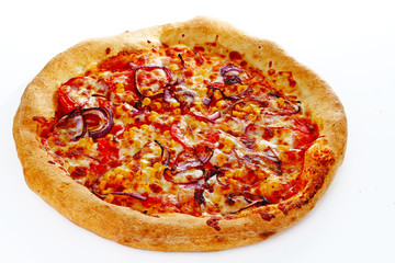 Italian Pizza Margherita Margarita with tomato and Mozzarella cheese background. Pizza wallpaper. Margharita pizza closeup background. Vegetarian pizza macro texture cheese and tomato and onion.