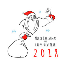 Santa with a bell and a bag of gifts in his hands. Vector linear illustration.