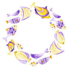 Watercolor fish frame. Ultra violet and gold colors. For children design, print or background