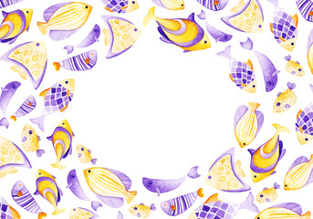 Watercolor fish frame. Ultra violet and gold colors. For children design, print or background
