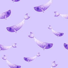Watercolor fish pattern. Ultra violet and gold colors. For children design, print or background