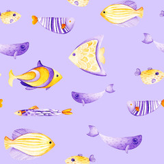Watercolor different fish pattern. Ultra violet and gold colors. For children design, print or background