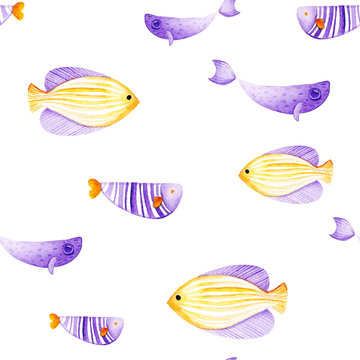Watercolor different fish pattern. Ultra violet and gold colors. For children design, print or background