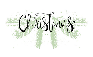 Merry Christmas Hand Drawn christmas tree branch and lettering isolated on white. Cute xmas holiday background for postcards, invitations, greeting cards, banners, posters, etc. Made in vector