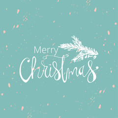 Merry Christmas Hand Drawn christmas tree branch and lettering isolated on white. Cute xmas holiday background for postcards, invitations, greeting cards, banners, posters, etc. Made in vector