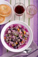 Purple carrot soup with meatballs