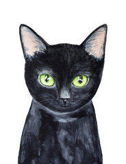 Black kitten character portrait. Big green eyes, looking at camera, front view. Soft little one. Symbol of good luck, wholeness, unity. Hand painted watercolour isolated illustration, white background