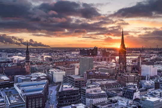 Hamburg skyline at sunset