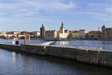 Prague gothic Oldtown above River Vltava in the sunny Day, Czech Republic