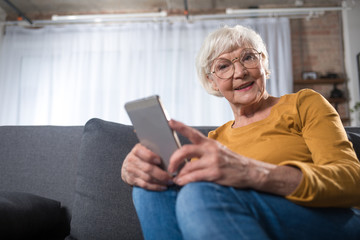 Low angle portrait of aged excited woman holding cellphone while sitting on comfortable couch. She is resting at home while looking at camera. Copy space