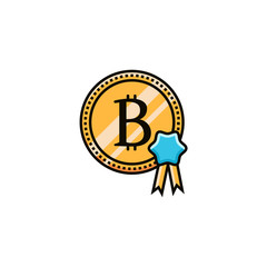 Bitcoin with medal and ribbons - flat color line icon. Bit coin sign, symbol, pictogram. Cryptocurrency emblem with award badge. Digital and virtual money illustration in mjdern linear design.