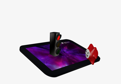 Tablet in schwarz, auf dem eine rote Ampel steht und davor ein Computervirus.