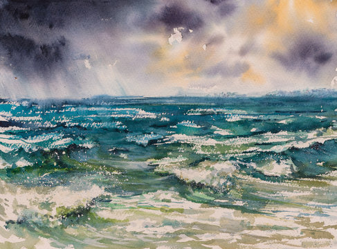 Hand drawn illustration of sea waves and dramatic sky. Picture created with watercolors.