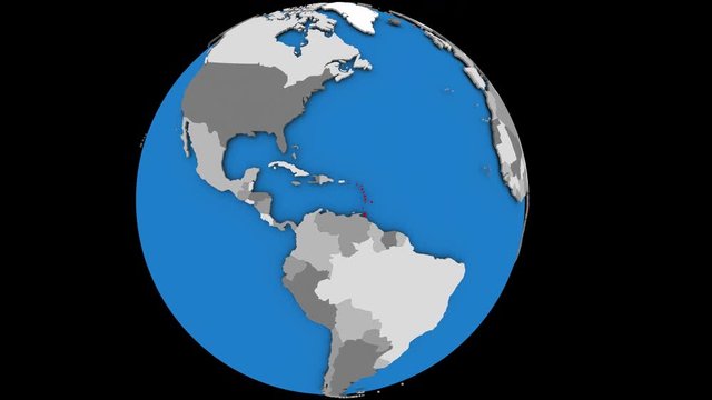 Caribbean highlighted in red on slowly rotating political globe. 3D animation.