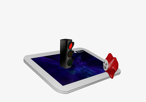 Tablet in weiß, auf dem eine rote Ampel steht und davor ein Computervirus.