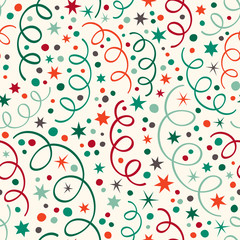 Seamless vector pattern with streamers, stars and confetti in retro colors.
