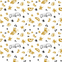 Christmas Seamless Pattern with Hand drawn abstract sketched doodle of different xmas spices, citrus and xmas pine branches. Winter holidays print for wrapping paper, textile, greeting card, wallpaper