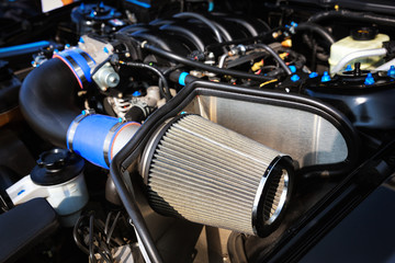 Close up of sport car air filter. - obrazy, fototapety, plakaty