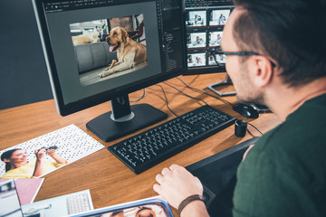 Side view bearded man having job with picture of cute dog in digital device while sitting at table in office. Profession concept