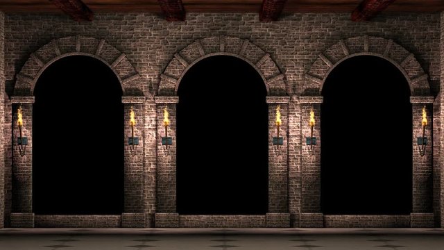 Medieval castle arches with torches loop video