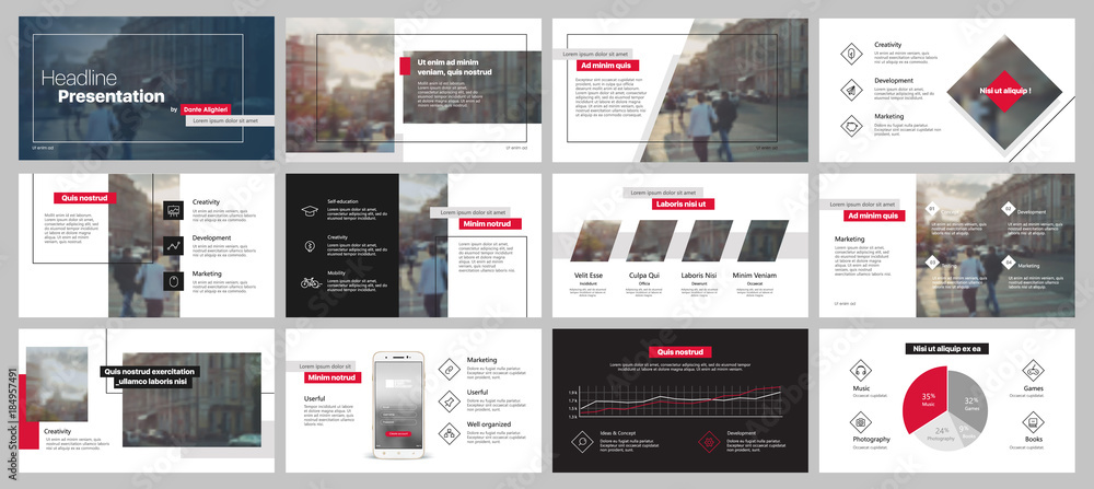 Poster red black minimal presentation templates elements on a white background. vector infographics. use in