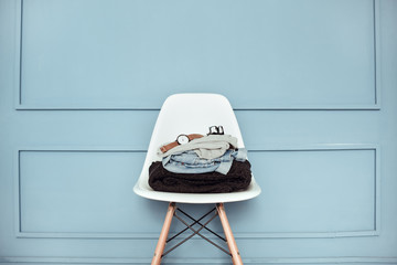 Chair object isolated on blue wall no people
