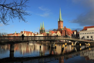 brige over the river Obertrave in the historic Hanseatic city of Lübeck, Schleswig Holstein, Germany