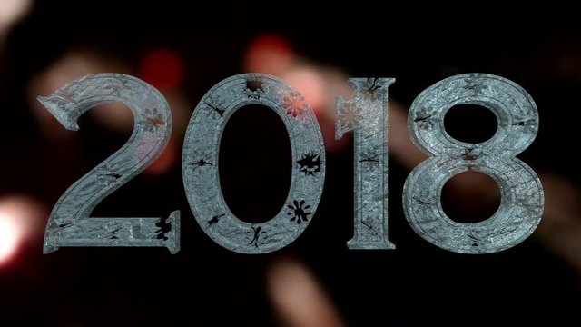 New Year 2018 3D Realistic Ice Text With Colorful Firework Blurred Background - 4K Resolution Ultra HD
