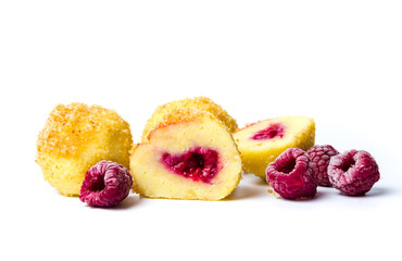 Homemade bread crumb dumplings with raspberry isolated