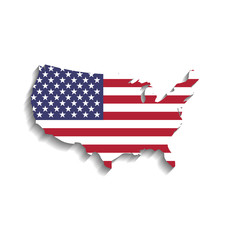 USA flag in a shape of US map silhouette. United States of America symbol. Vector illustration with dropped long shadow on white background.