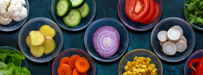 Obraz na płótnie Canvas Close up of a various sliced vegetables,inside glass bowls,against dark blue textured background.Cover dimensions.