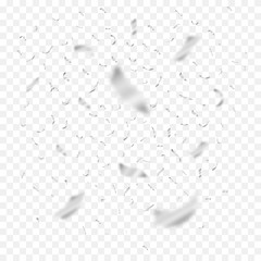 Silver flying confetti in different focus. Celebration metallic argent ribbons. Festival decor with falling shiny glitters. Vector illustration.