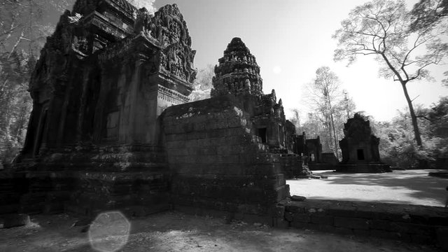Steadicam gimbal moving around the Wat Thommanon in the Angkor Wat architectural world heritage site.