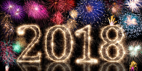 happy new year 2018 sparkler background with fireworks and spark pyro number