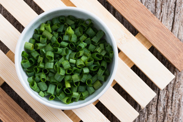 Chopped spring onions in white bowl