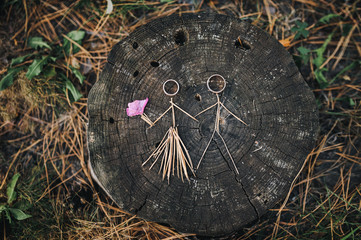 Fototapeta na wymiar Wedding rings instead of the heads of the bride and groom. Crafts from Christmas-tree needles in the form of a bride and groom. The bride and groom happily hold hands.Valentine's Day, February 14.