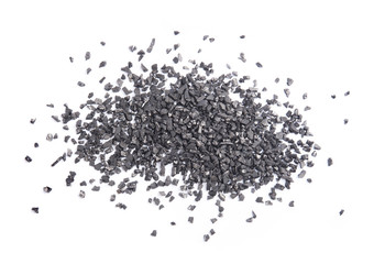 Pile of Carbon charcoal  splash isolated on white background top view industry object design