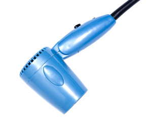 Blue travel hair dryer isolated on white background