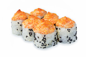 A delicious set of sushi on a white background.
