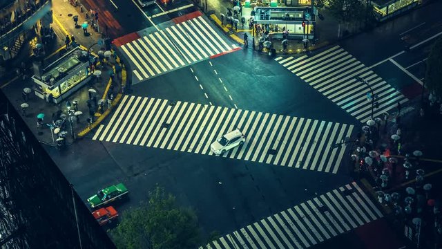 Pedestrian scramble crosswalk at night in Shibuya, Tokyo