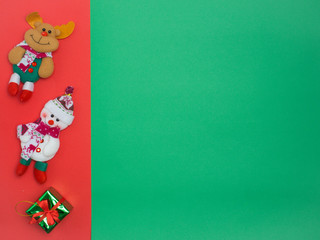 Christmas decoration background over colour background, above view with copy space for text .top view composition.