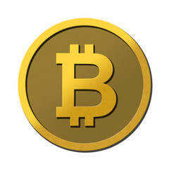 Golden bitcoin symbol coin on white background.  Reflective 3D logo.
