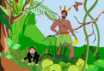 Green jungle backgound, aboriginal man and monkey, wildlife background.