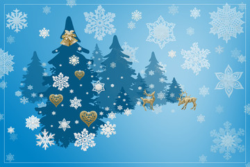 Christmas and New Year decorations: Christmassy fir-tree with snowflakes on blue background.