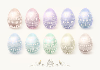 Happy Easter. A set of colorful pastel Easter eggs with a delicate ornament. Isolated 3D objects. Easter bunny, lettering. Vector illustration