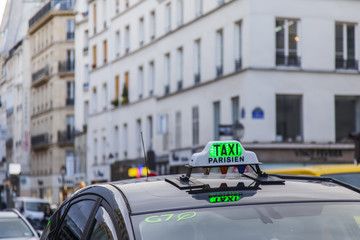 PARIS, FRANCE, on October 27, 2017. The car of the taxi goes on the city street