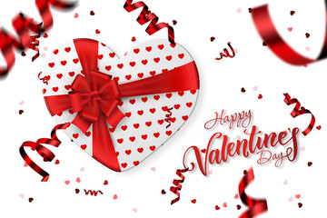 Happy Valentine's Day festive web banner. Top view of a romantic composition with gift boxes, confetti in the form of a heart. Light background. Romance flat lay
